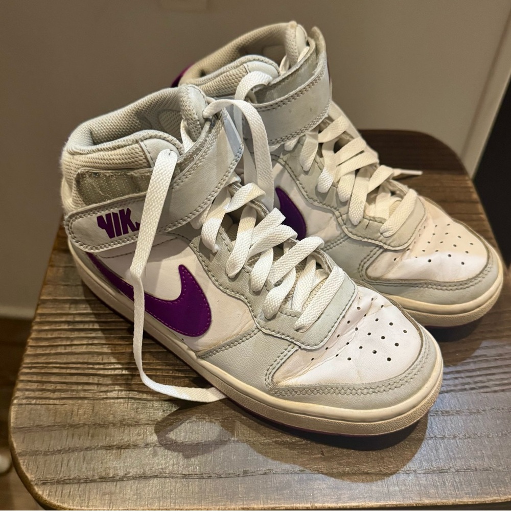 Nike White and Purple High-Top Sneakers with Classic Design